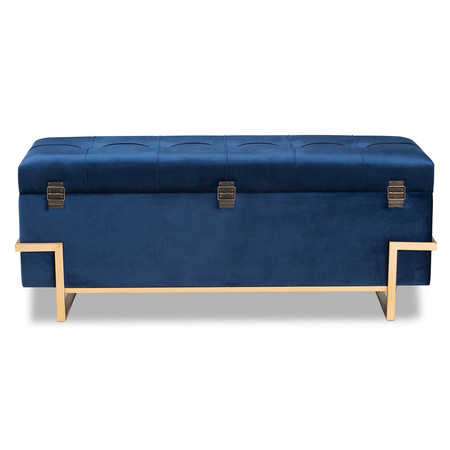 Baxton Studio Parker Blue Velvet Upholstered and Gold Metal Storage Ottoman 173-11029